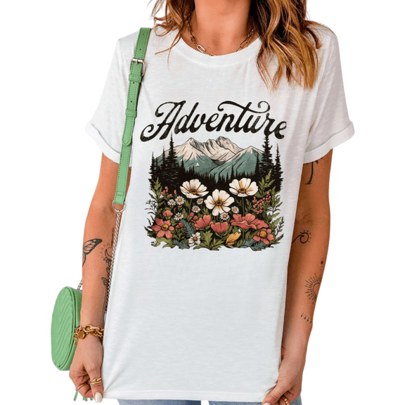 UNISHE Women's Adventure Mountain Wildflower Graphic Short Sleeve T-Shirt Casual Crewneck Cotton Outdoor Tee