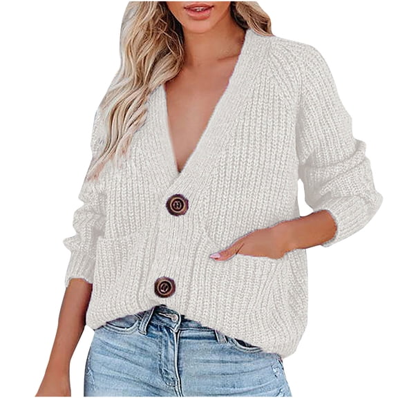 ShomPort Women's Fall Sweaters Long Sleeve Loose V Neck Button up Tops Pullover Knit Jumper