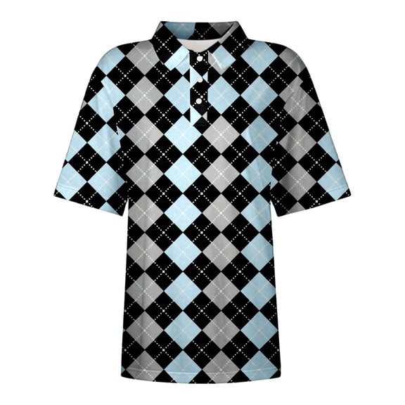 XIAONU Women's Light Blue Grey Argyle Plaid Print Turn-Down Collar Polo Loose Fit Daily Sport Top