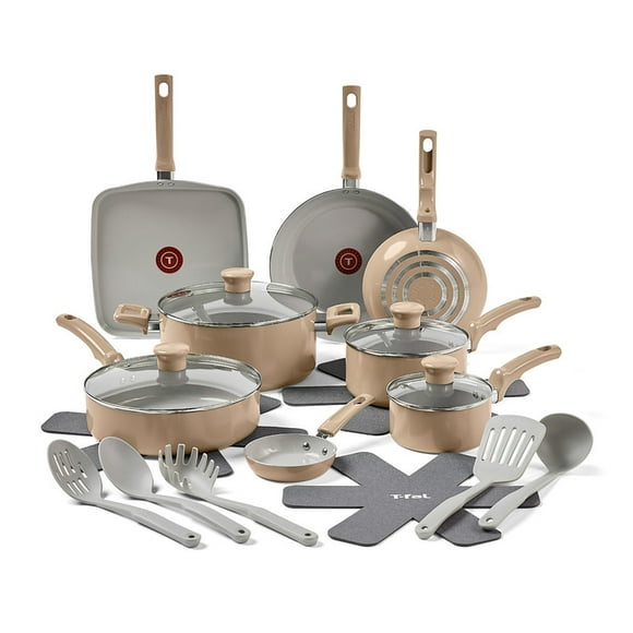 T-Fal Refresh Ceramic Nonstick Cookware Set, 20-Piece, Oven Safe to 350°F, Stockpot, Ceramic Pots and Pans Set, Frying Pans, Griddle, Utensils, Sand Dune
