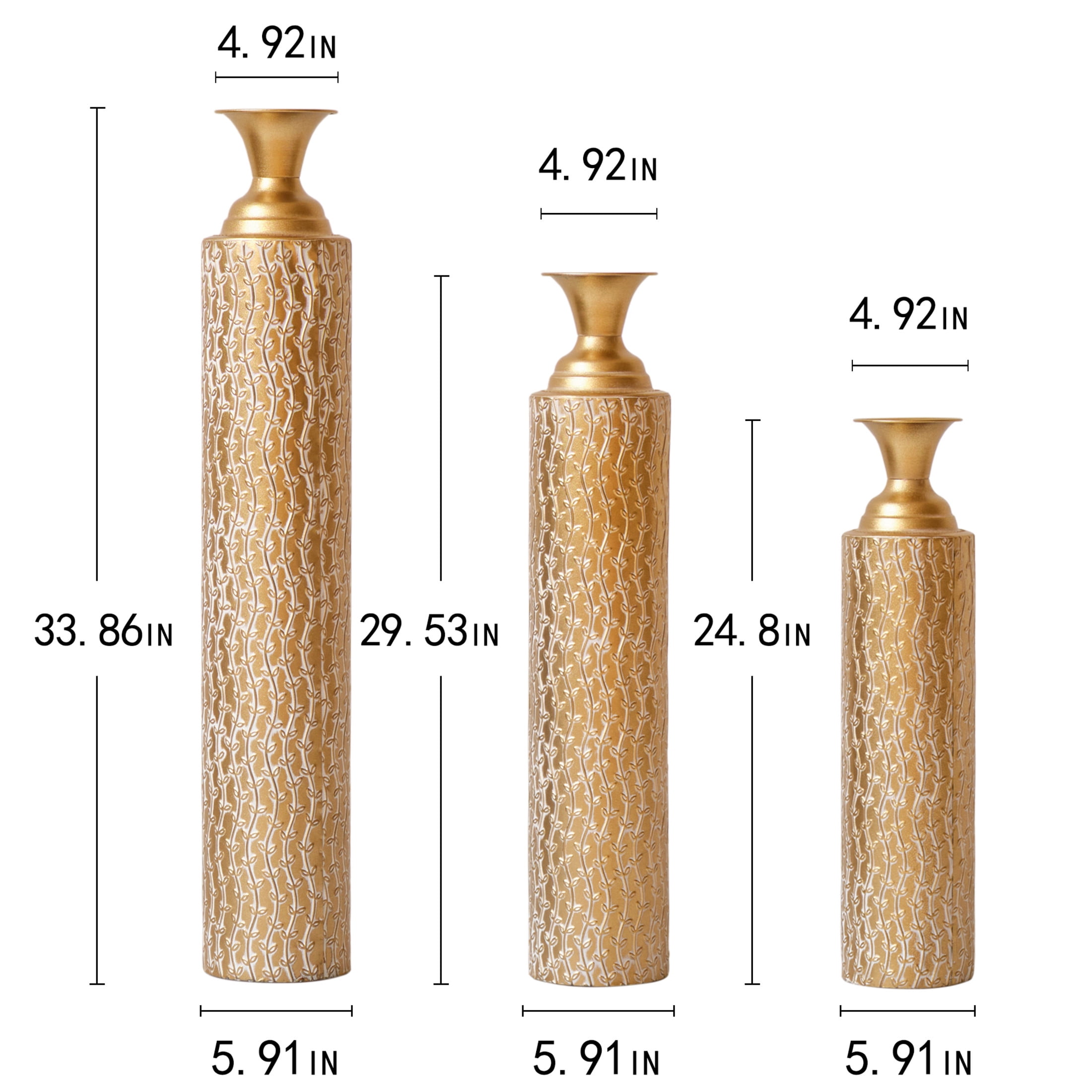 Noble House 3-Piece 33.86", 29.53", 24.8" Metal Floor Vases, Distressed Vine Pattern, Antique Gold