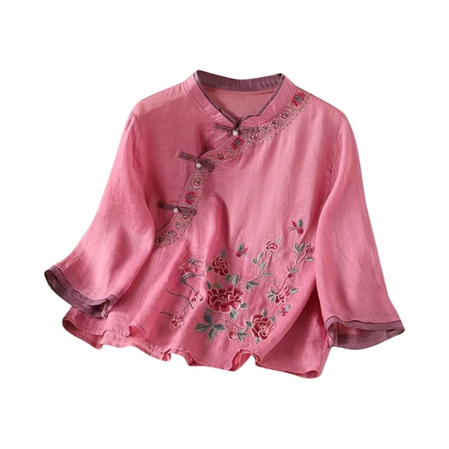 Vestidos Casuales Para Mujer, Blusas De Mujer De Moda Cárdigan informal de lino con cuello alto y botones bordados para mujer