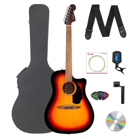 Fender California Standard Redondo CE Acoustic-Electric Guitar - 3-Color Sunburst Bundle with Case, Tuner, Strap, Strings, String Winder, Picks, and Austin Bazaar Instructional DVD