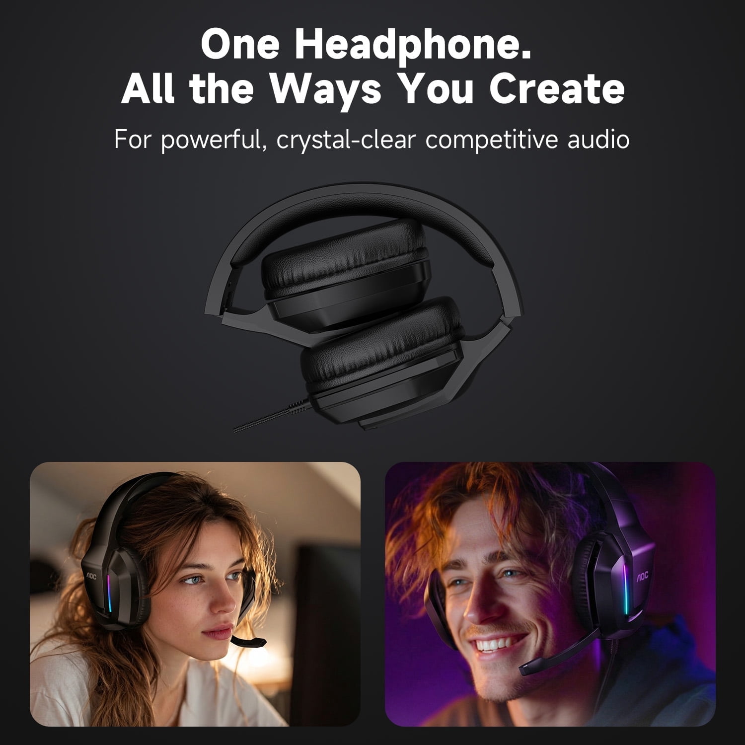 AOC Gaming Headset with Noise Cancelling Mic, Wired Gaming Headphone for PC, PS5, Xbox Series, Xbox Headset, Switch, MAC, High-Quality Sound, RGB Light, Foldable, Portable, Black