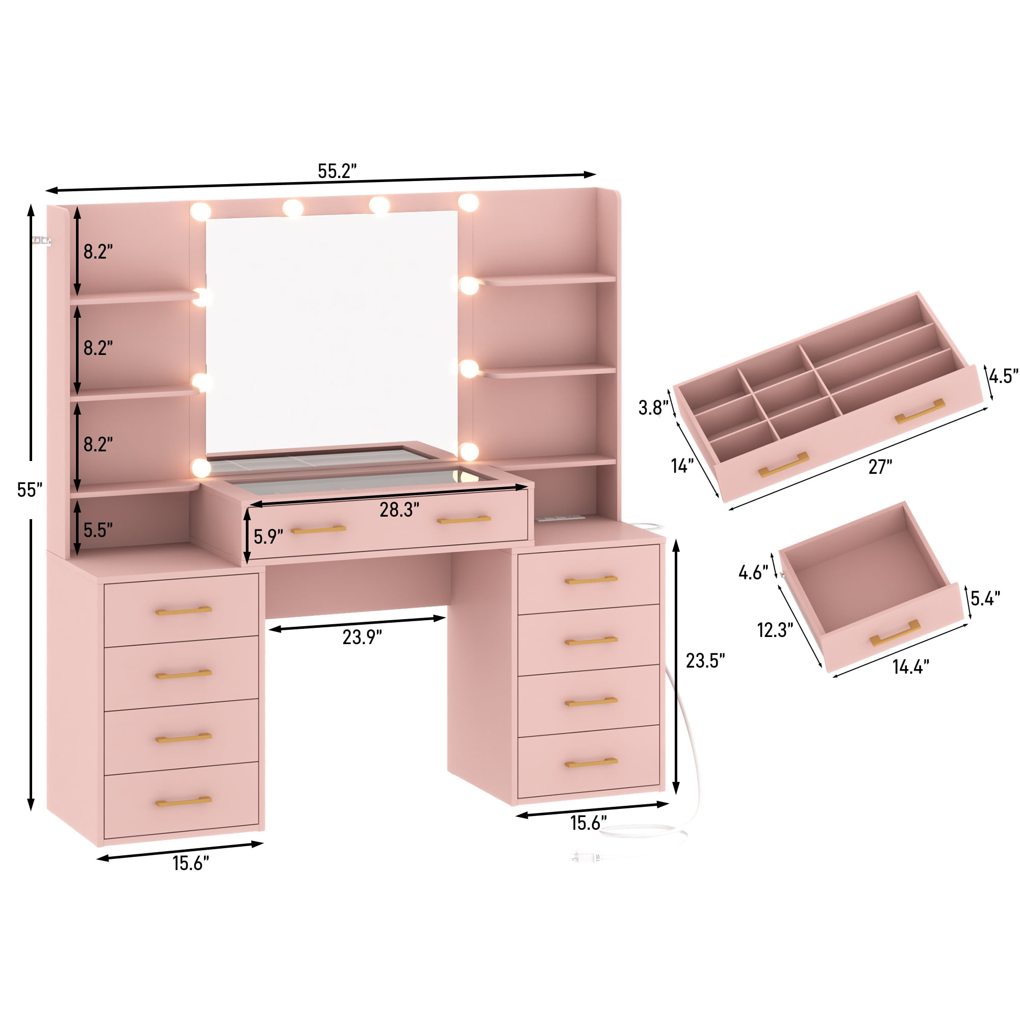 Pink Vanity Desk with Mirror & LED Lights, Glass Top Vanity Desk with Charging Station & Compartment Storage Drawers, 55" Large Makeup Vanity Table with 9 Drawers & 6 Shelves