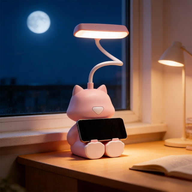Weloille Rechargeable LED Night Light 1 Pack, Multifunctional Reading Table Lamp with Phone Holder, Adjustable Brightness Eye Caring Desk Light for Bedroom Bedside Desktop Nightstand Use