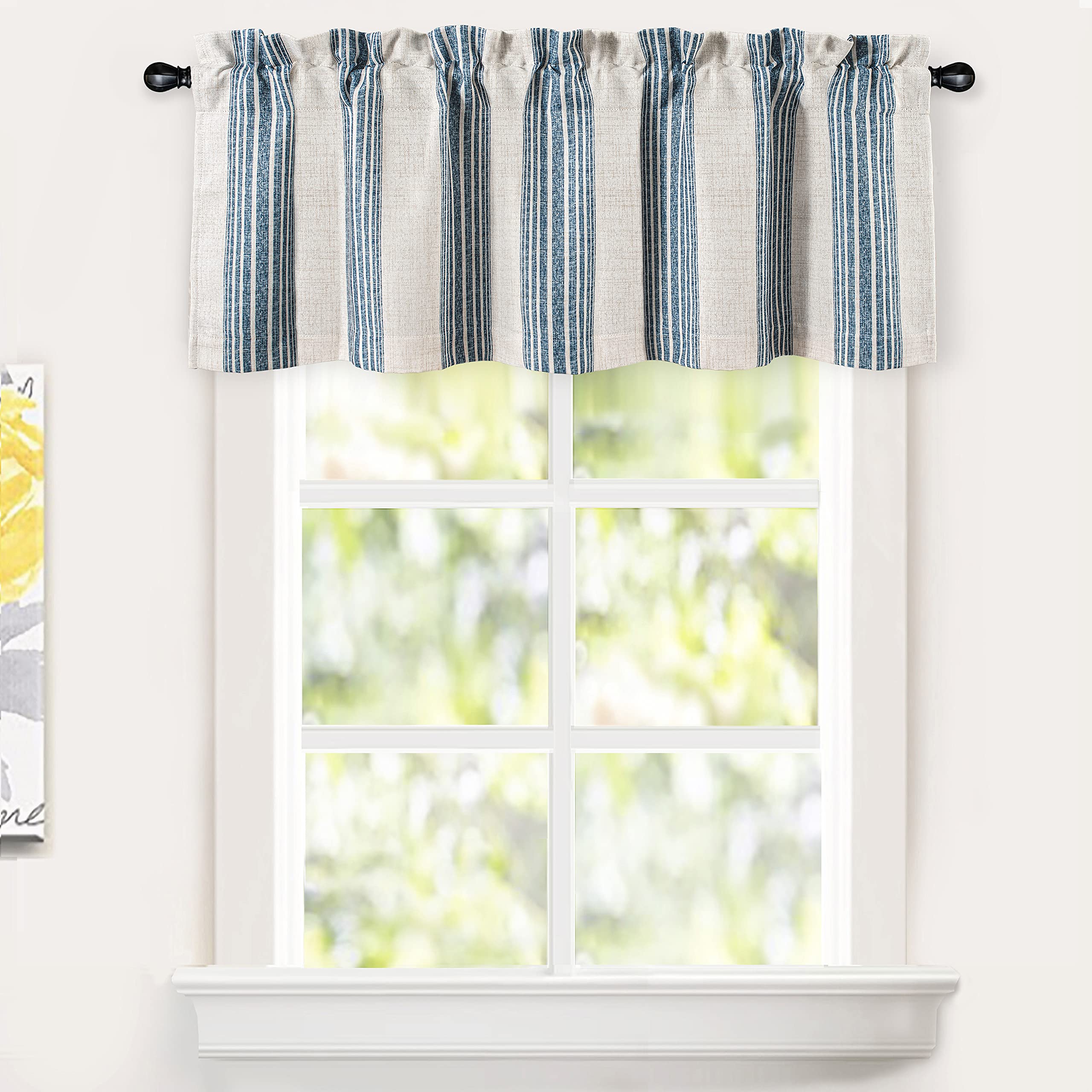 DriftAway Chris Vertical Striped Pattern Linen Textured Thermal Insulated Blackout Window Curtain Valance Rod Pocket 2 Layers Single, 52" x 14" Plus 2" Header, Jean Navy