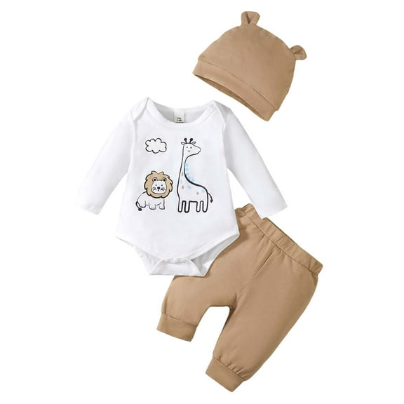 Kucnuzki 6 Months Newborn Baby Boys Outfits 6-9 Months Long Sleeves Romper Giraffe Lion Romper Solid Color Pants Hat 3pcs Baby Boys Pant Sets Fall White