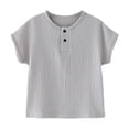 thumbnail image 3 of EnJoCho Boys Cotton Linen Shirt Baby Toddler Little Kid Short Sleeve T Shirts Crewneck Buttons Cotton Linen Breathable Summer Basic Tops 0 to 5Y, 3 of 9