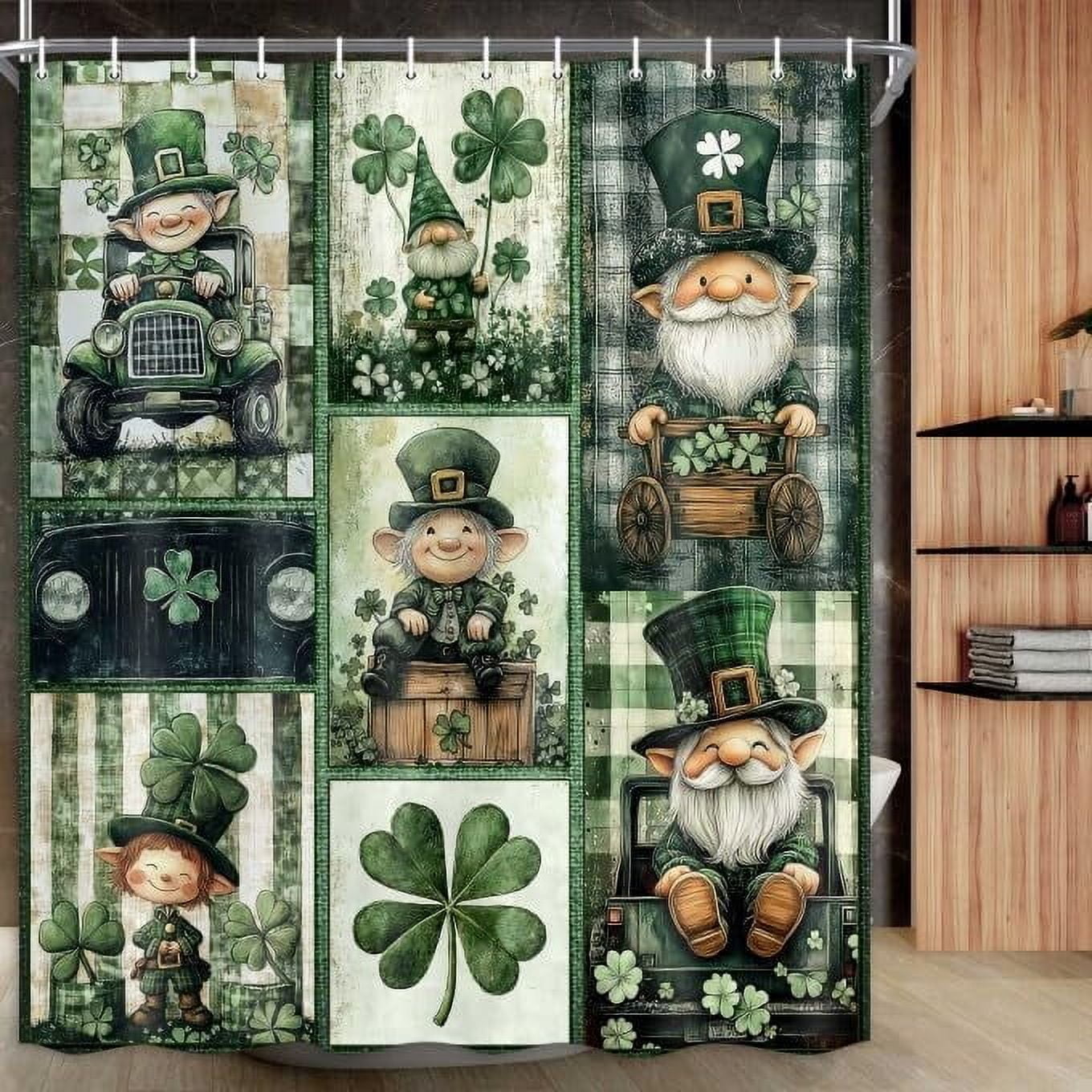 St. Patrick's Day Shower Curtain, Vintage St. Patrick's Day Shower Curtain Set Green Clover Shamrock Bathroom Curtain, Waterproof St. Patrick's Day Gnomes Bath Curtain with 12 Hooks,72X75