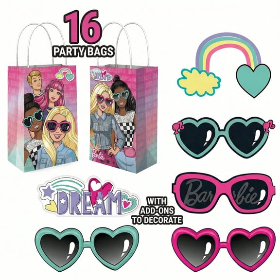 Barbie Dream Together Favor Bags with Decorative Peel & Stick Pieces, 16 Count, 5" x 8.25" x 3.25"