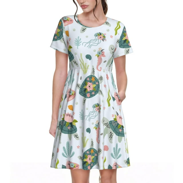 Fotbe Turtle Vestido Largo de Moda para Mujer, Vestido Tipo Camiseta con Manga Corta y Estilo Casual a Rayas y Bloques de Color