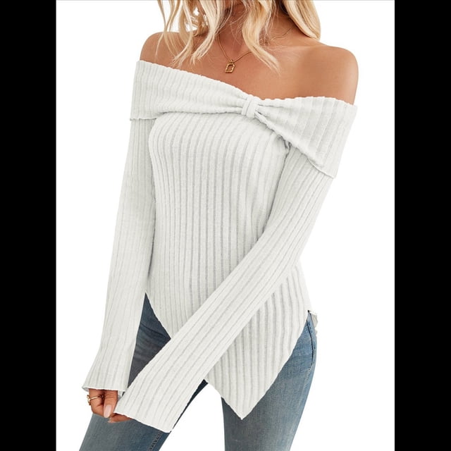 Suéter de Punto con Hombros Descubiertos y Lazo para Mujer, Blusa con Abertura Lateral, Ropa Estética Y2K de Moda L