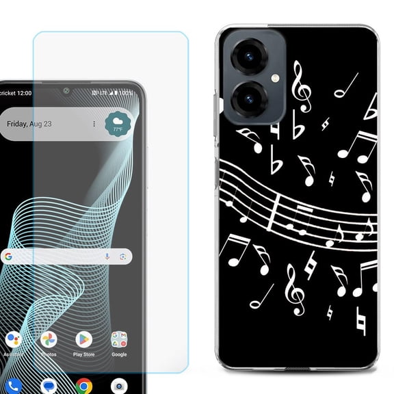 Shockproof Phone Case for Cricket Icon 2026, with Screen Protector, by OneToughShield - Music Notes / Black