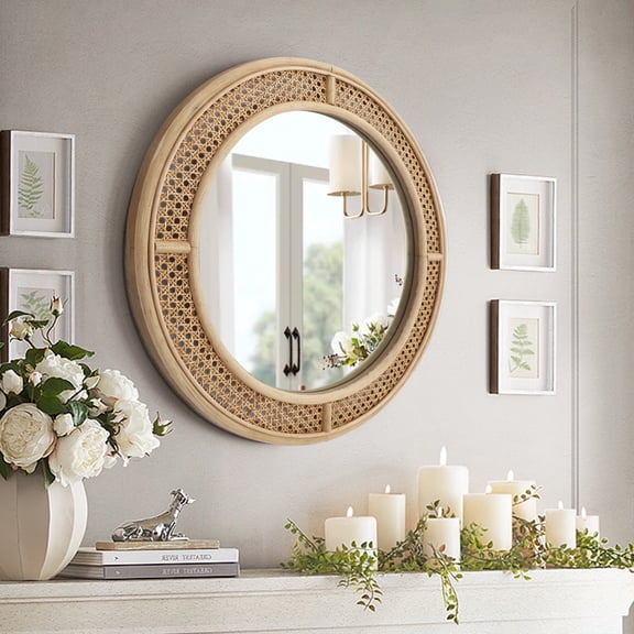 ABBSR Round 24in. Woven Wall Mirror Has Rattan Frame,Farmhouse Full Length Hanging Mirror for Decor,Office