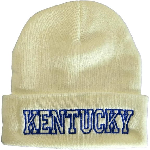 Kentucky Cuffed Winter Knit Beanie Toboggan Hat (White/Royal)