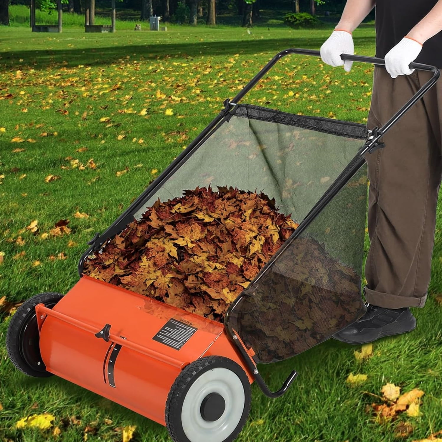 Riedhoff 26" Push Lawn Sweeper,4 Spinning Brushes, 7 Cu. Ft Capacity Collection Bag, Adjustable Height, Orange