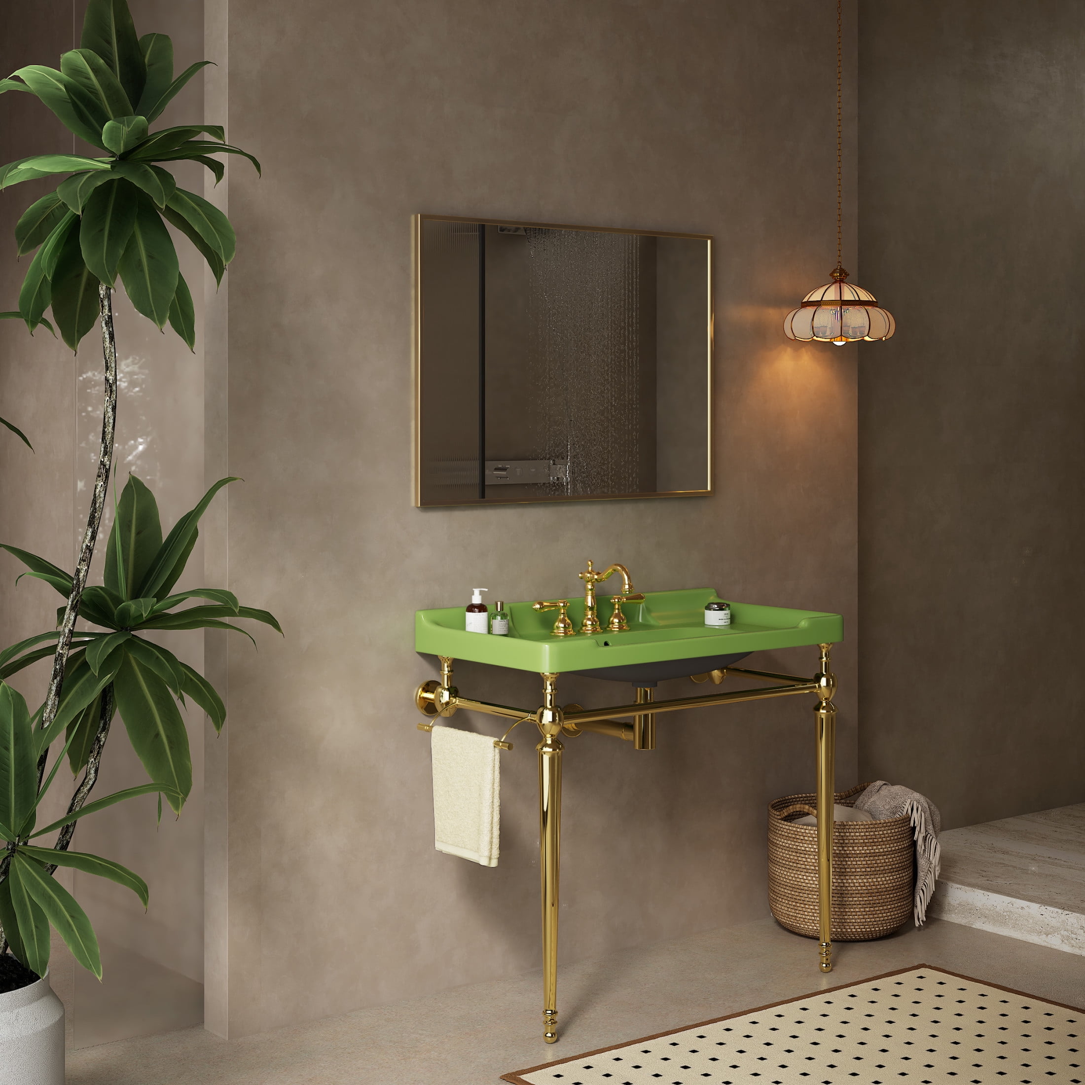 Noble House VICI 36" Bathroom Console Sink, Wall-Mounted Ceramic Basin Vanity with Stainless Steel Legs, Green & Gold