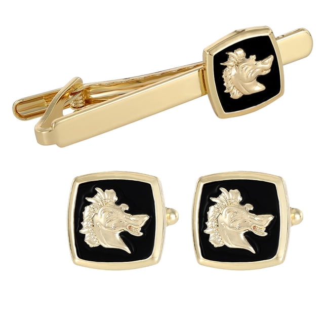 Juego de gemelos y clips para corbatas, diseño de animales y caballos, tono dorado