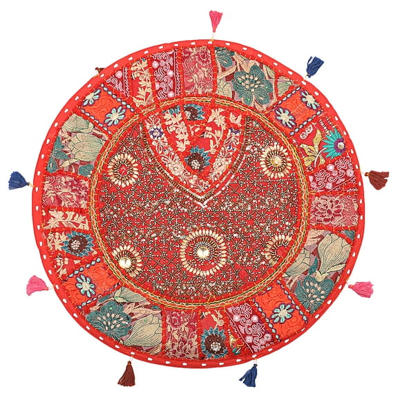 Stylo Culture Ethnic Kids Floor Pillow Round Vintage Patchwork Cushion Cover Red Big Sitting Pillows 22" Decorative Decor Seating Tuffet Seat Pouf Cover Footstool Cotton Embroidered 1 Pc