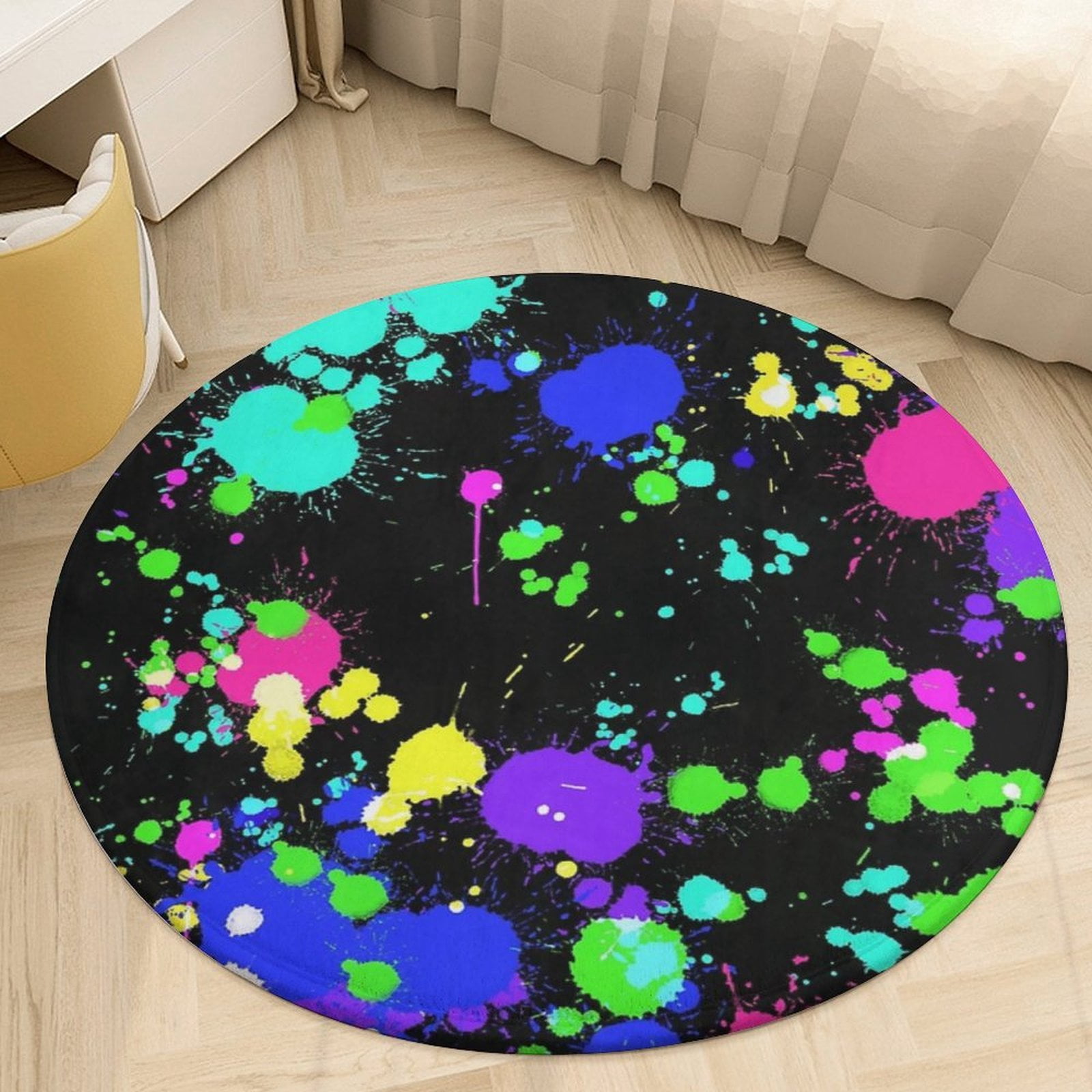 Neon Paint Splatters Round Area Rugs for Bedroom Living Room, 2FT Soft Comfy Indoor Circle Carpets, Carpet Home Decor Floor Mat