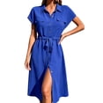 thumbnail image 2 of ClodeEU Women's Collar Cap Sleeve Drawstring Waist Button Midi Shirt Dress,Casual Summer Dress Blue,Women's Plus S, 2 of 5