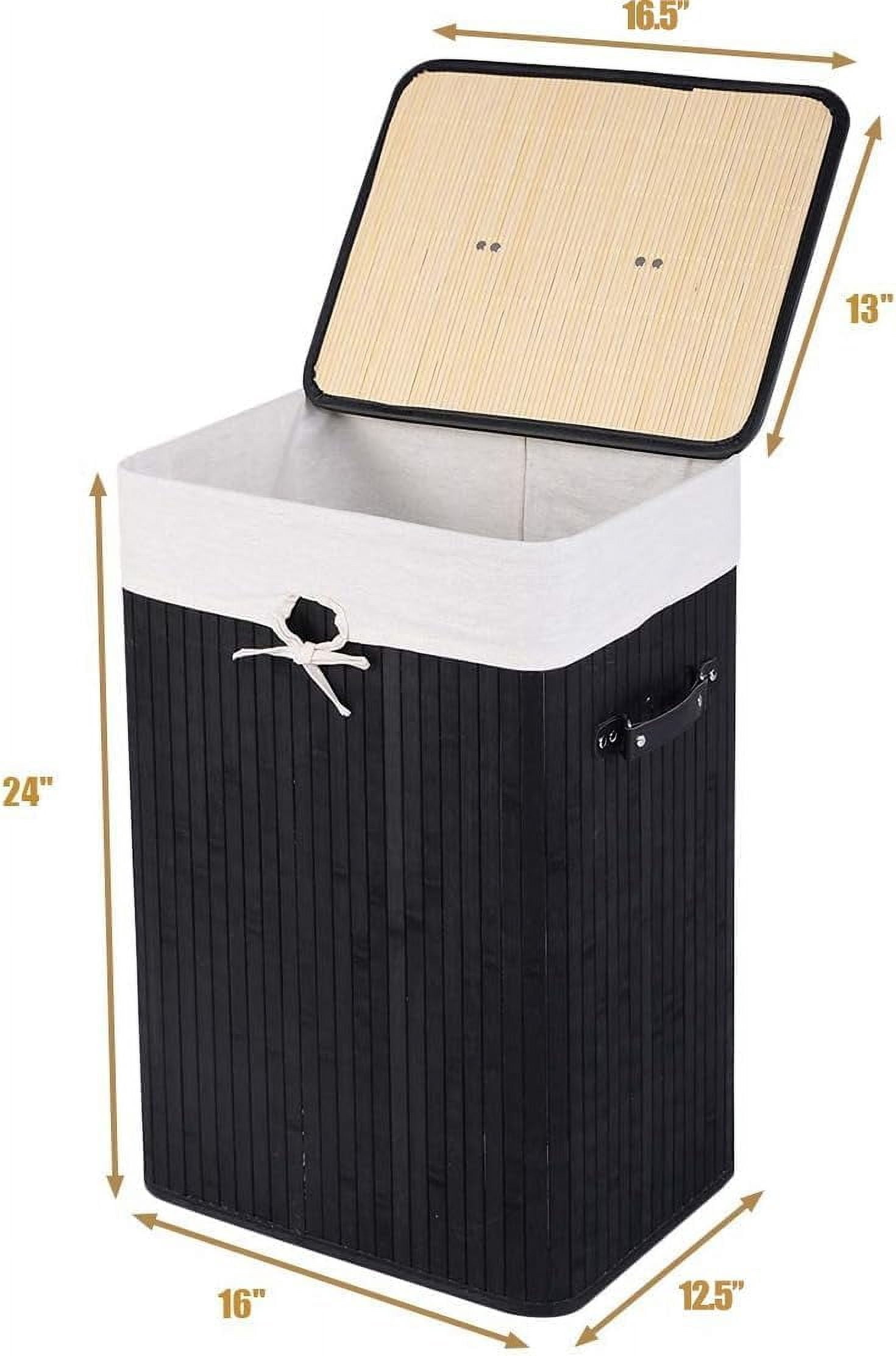 Bamboo Laundry Hamper with Lid, 72L Large & Tall Clothes Hamper with Removable Liner & Handles, Rectangular Laundry Basket for Small Spaces, Laundry Room, Bedroom (Black)