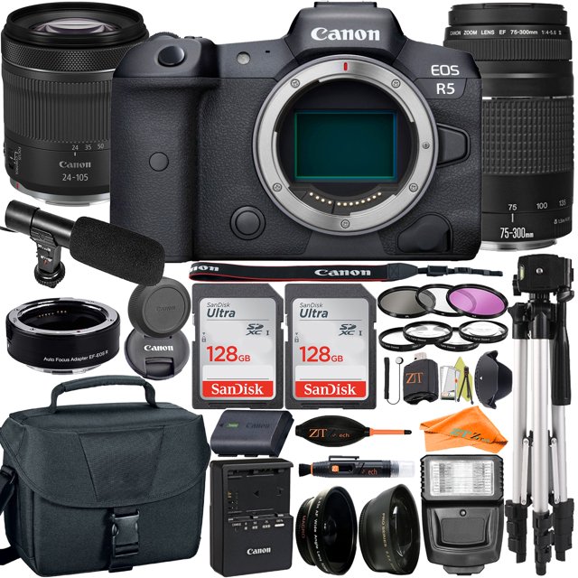 Canon EOS R5 Mirrorless Camera with RF24-105mm + 75-300mm Lens + Mount Adapter + 2 Pack SanDisk 128GB + ZeeTech Accessory
