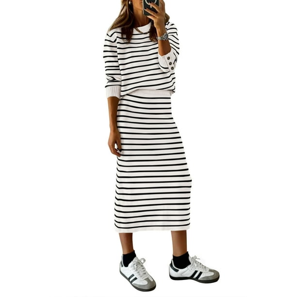 PRETTYGARDEN Conjunto de Suéter y Falda a Rayas para Mujer Talle S