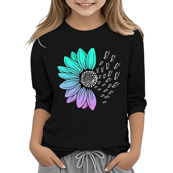 KAUOD Kids Girls 3/4 Sleeve T-Shirt Casual Printed Flowers Cotton Solid Tee Teen Crewneck Color Block Cute Spring Fall Blouses Tops