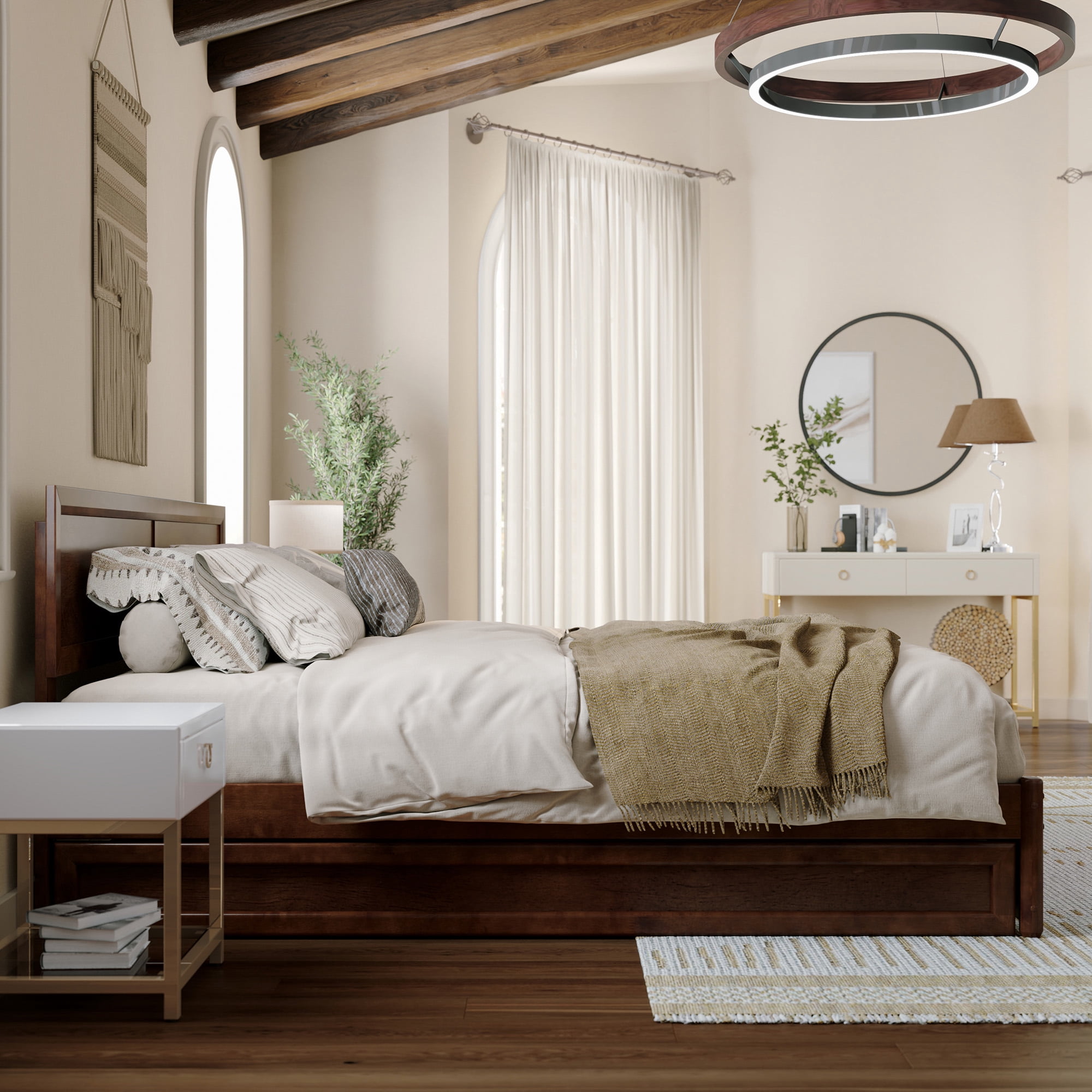 AFI Lylah King Wood Platform Bed with Panel Footboard and Twin XL Trundle, Walnut