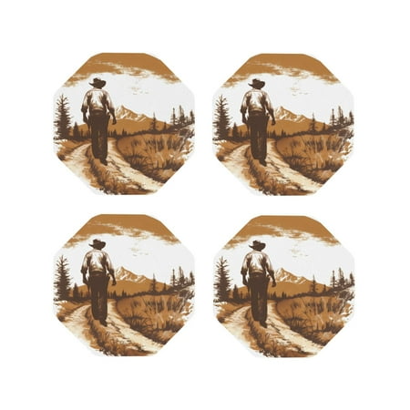 

Tideii Western Cowboy Countryside for Leather Coasters 4 Pieces Anti-fouling and Anti-scalding Decorative Coasters Suitable for Restaurants Kitchens Coffee Shops-Octagon