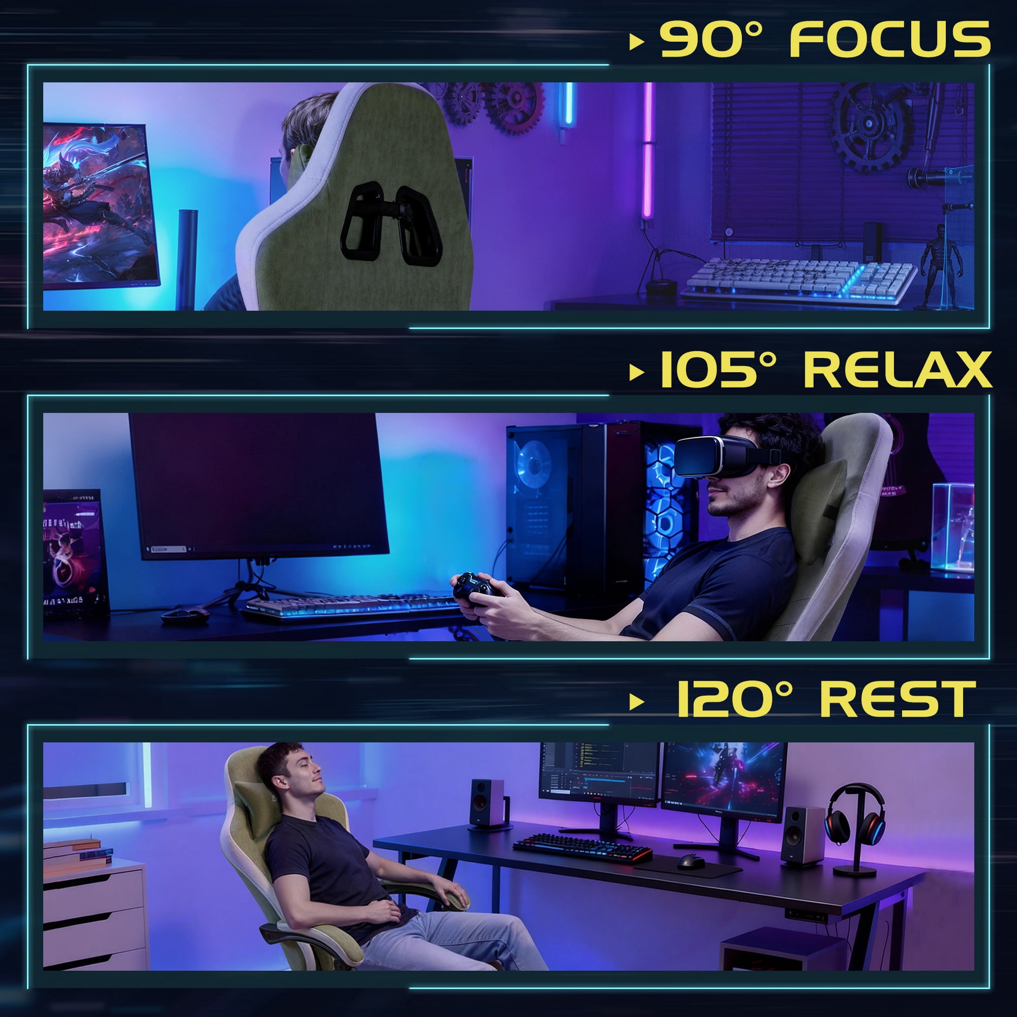 Homall Reclining Gaming Chair Premium Technical Fabric Massage Video Game Chair with Headrest, Lumber Support and Footrest, Green