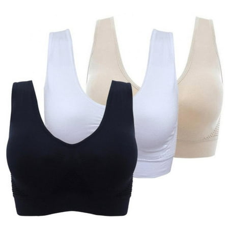 Valcatch 3 Pack Sports Bras for Women Wirefree Mesh Breathable Underwear with Pads Push up Bra Plus Size(Black/White/Beige,2XL)