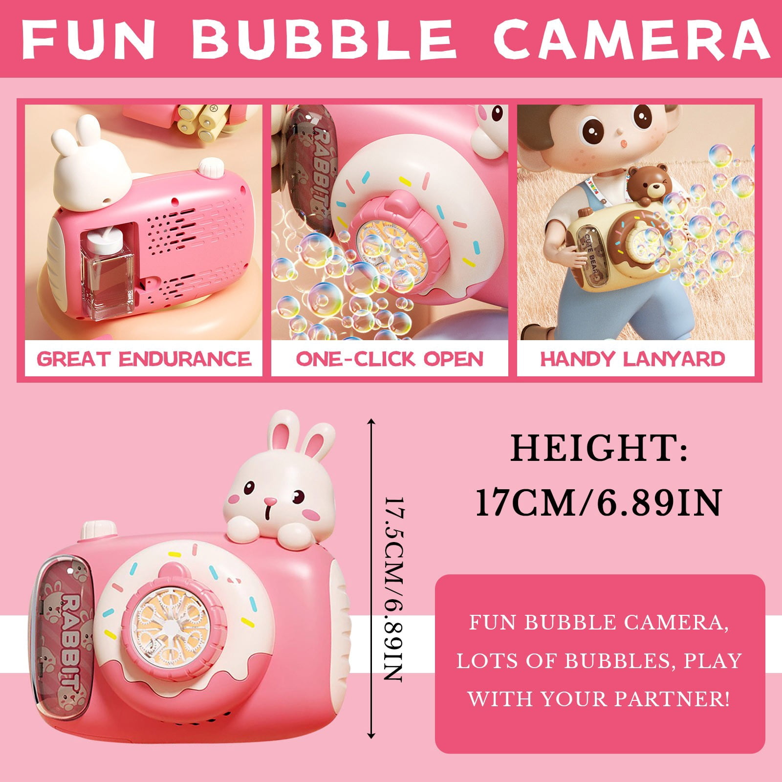 Camera Style Bubble Blower, Automatic Bubble Machine with Lights and 2x30ml Bubble Solution, Portable Bubble Maker for Party Carnival Wedding Events (Pink)