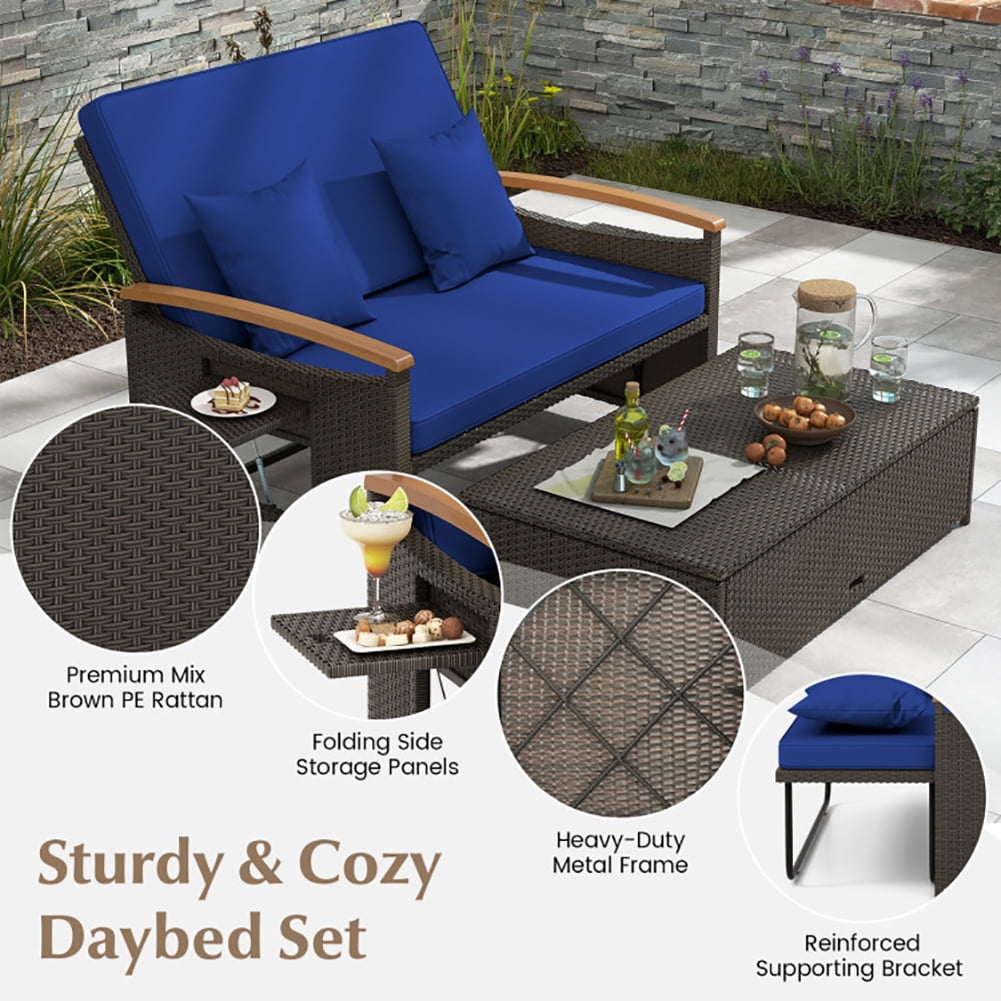 Aimee Lii Outdoor Wicker Daybed with Folding Panels and Storage Ottoman, Outdoor Patio Furniture, Navy