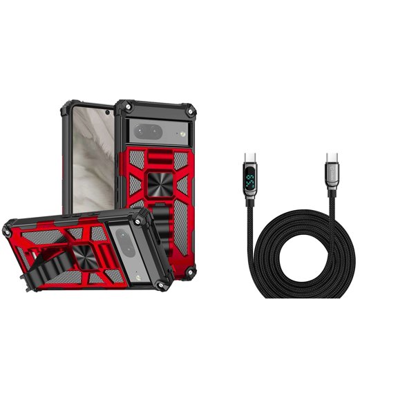 BEMZ Heavy Duty Armor Rugged Magnetic Mount Stand Case (Red) with Digital LED Display Fast Charging USB-C to USB-C Cable (3.3 Feet) for Google Pixel 7a