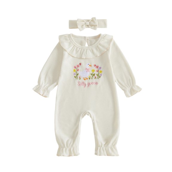 RUINIXCW Newborn Baby Girl Hospital Going Home Outfit Infant Girls Spring Fall Winter Clothes Goose Jumpsuit Ruffled Long Sleeve Romper Headband