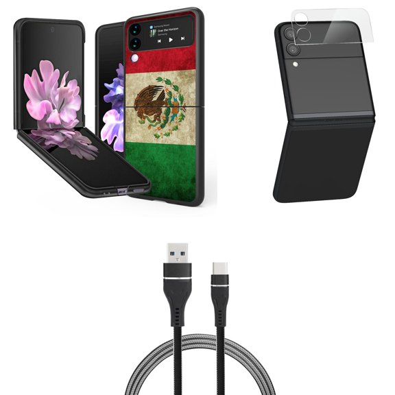 Bemz Premium Bundle for Samsung Galaxy Z Flip 3 5G: Slim Snap-On Protector Case (Vintage Mexico Flag), Rear Camera Glass Protector, Nylon Braided USB-C to USB-A Cable (3 Feet)