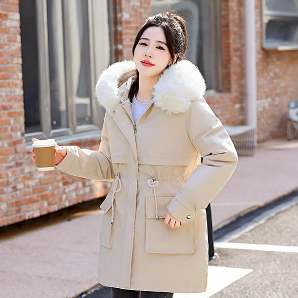 drppepioner Womens Winter Jacket Warm Overcoat Slim Fur-Collar