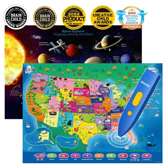 Bilingual Interactive for Kids Talking USA Map Solar System Poster for Kids Learning and Educational Toys,Talking Educational Toy for Ages 3 to 12 Years Old Girls/Boys,L