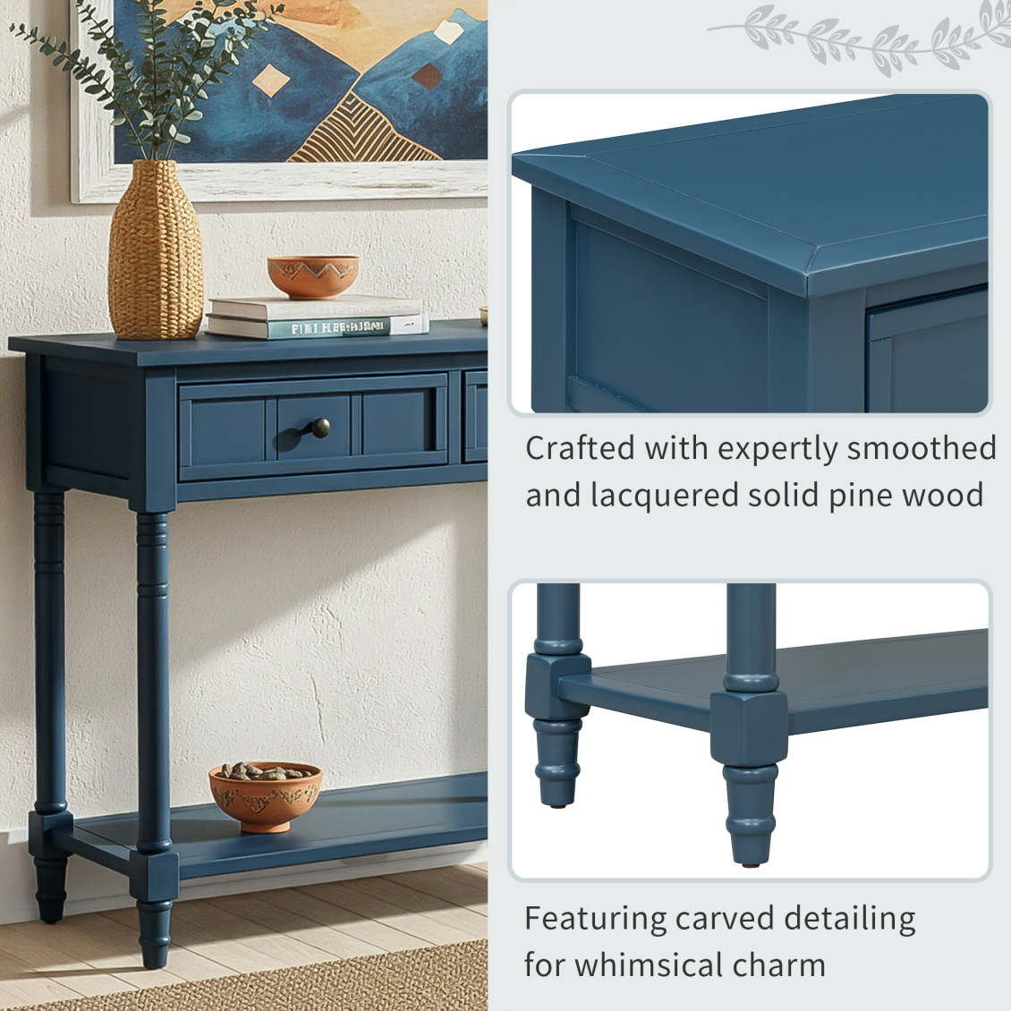 35" Console Table with 2 Drawers, Farmhouse Solid Wood Sofa Table Behind Couch, Entryway Hallway Foyer Tables with Open Shelf for Living Room, Dark Navy