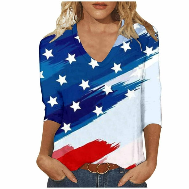 Manga Larga de la Parte Superior de las Mujeres Impresión Casual Cuello en V 3/4 Manga, Blusa de Estante de Imitación para el Uso Diario, Casero Y Cómodo