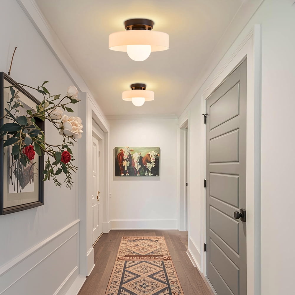Mid-Century Modern Semi Flush Mount Ceiling Light, Kitchen Ceiling Light Fixture with Glass Shade,Vintage Close to Ceiling Lamp for Entryway Hallway Bathroom