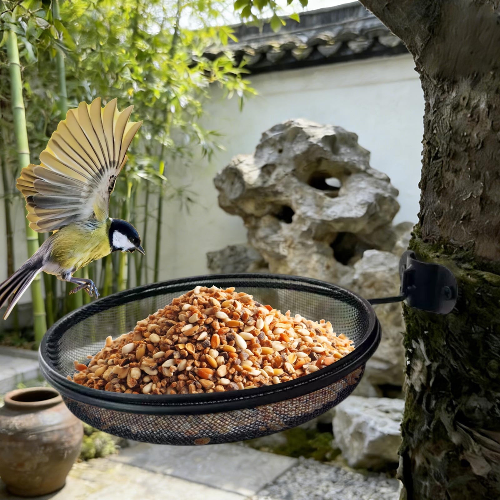 Outdoor Courtyard Wall Mounted Bird Feeder, Metal Hanging Tray for Wild Birds, Garden Decoration
