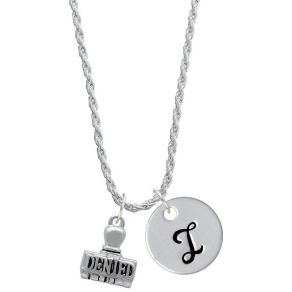 Delight Jewelry Silvertone 3-D ''Denied'' Stamp Silvertone Script Initial Disc - I - Charm Necklace, 20"+3"