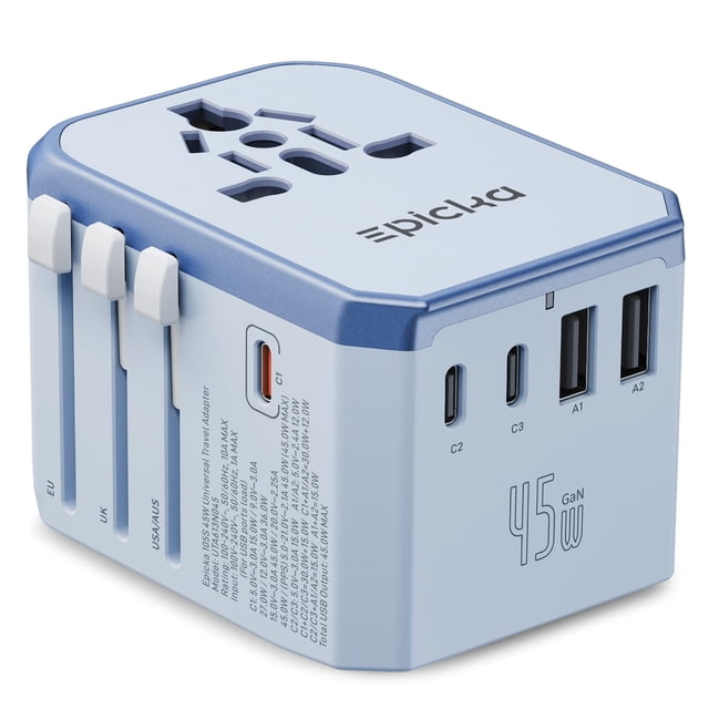 Adaptador de viaje EPICKA GaN 45W con carga rápida PD y QC, azul