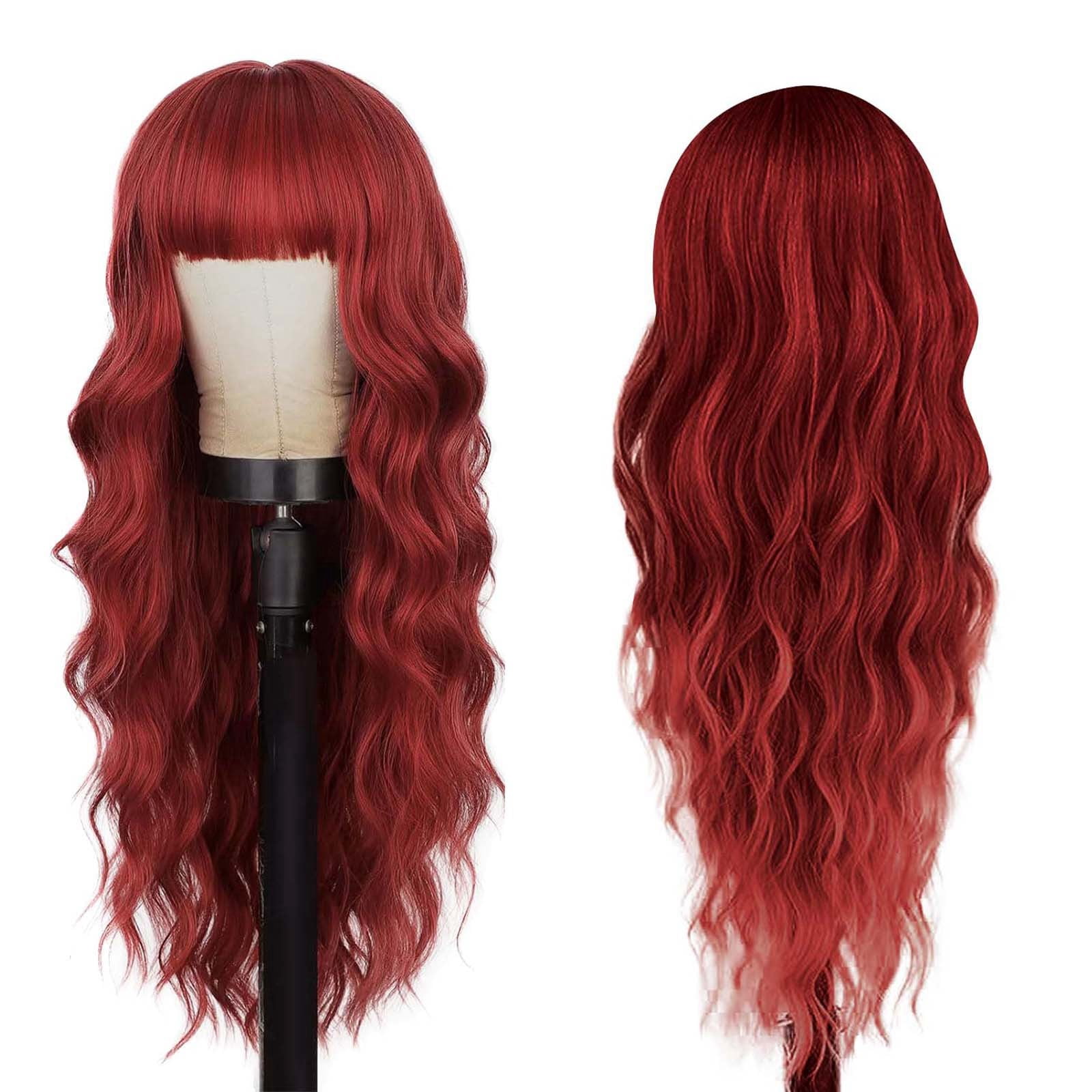 Long Wavy Wig with Bangs for Women, Brown Highlight Synthetic Wig with Dark Roots, Heat Resistant Wigs for Daily Party Use(Red,One Size)