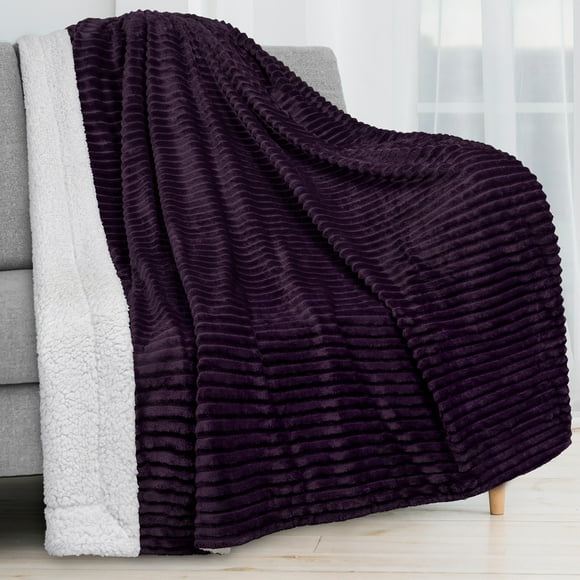 PAVILIA Reversible Sherpa Fleece Throw Blanket Eggplant Purple, Plush Flannel Throw, Ultra Soft Warm Ribbed Microfiber Blanket for Sofa Couch Bed, Luxury Thick Striped Blanket, Purple, 50x60