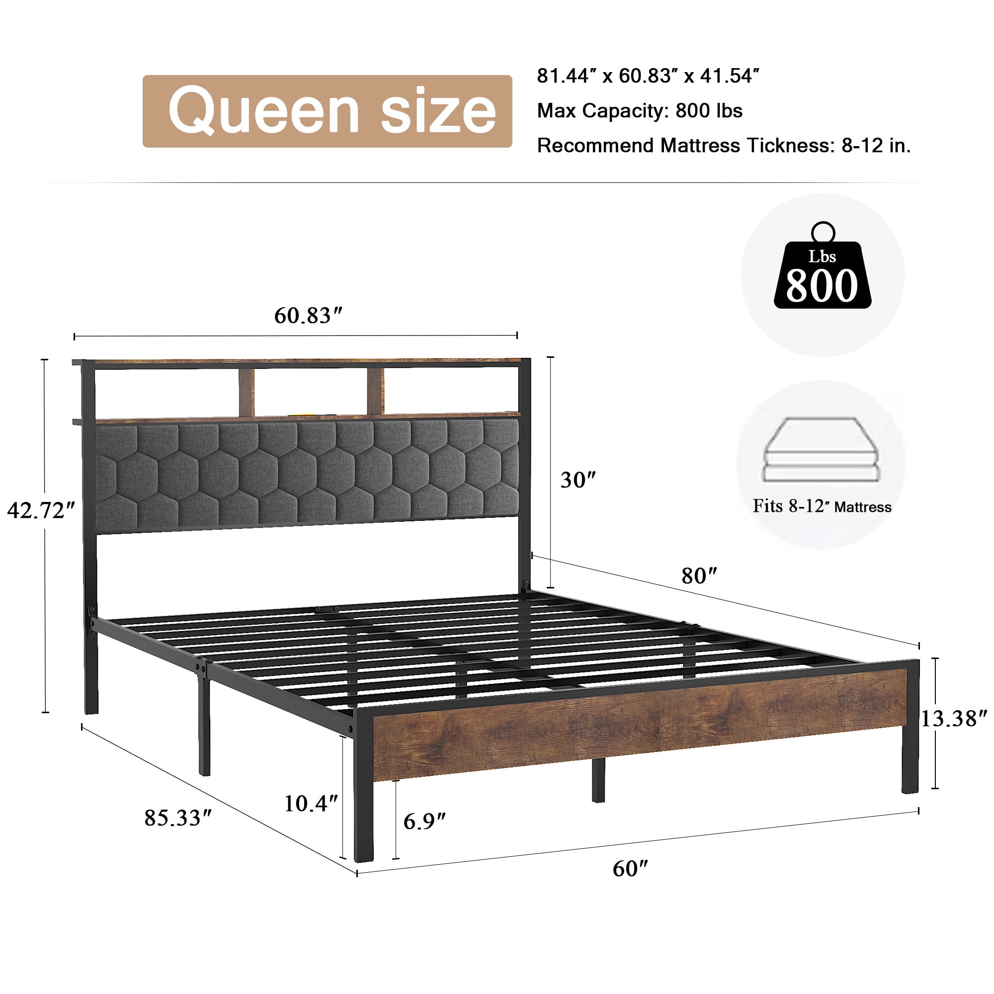 Yoneston Queen Size Bed Frame with Upholstered Storage Headboard and USB Charging, Retro Metal Platform Bed Frame with Under-Bed Storage Noise Free for Bedroom, Brown